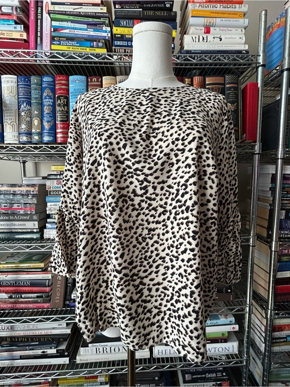 H&M Women's Cream Leopard Print Long-Sleeve Top w/ Bell Sleeves ***FLAW***
